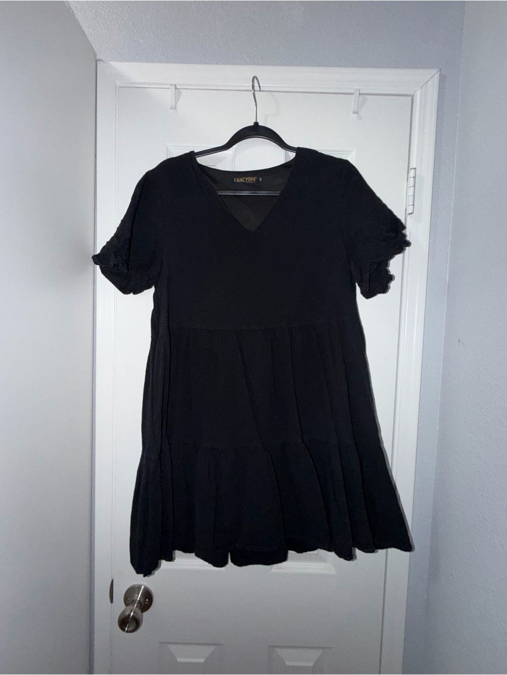 Fancyinn Black V-Neck Tiered Mini Dress